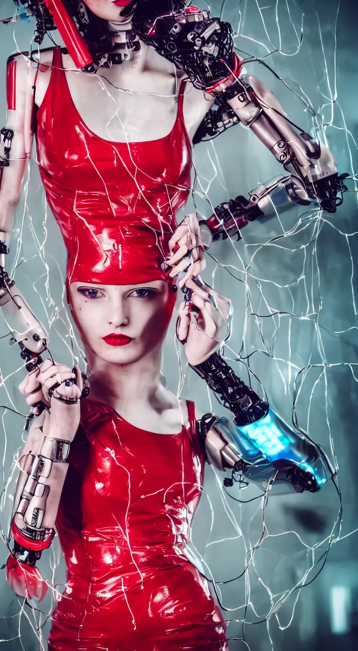 Image similar to woman, android, female robot, cyberpunk, artificial limbs, circuit, wires, mechanisms, tattoos, neon lights, retrowave, hard light, glamour, vogue photoshoot, fashion, long dress, red dress, raindrops, rain, wet, make - up, leaky make - up, red lipstick