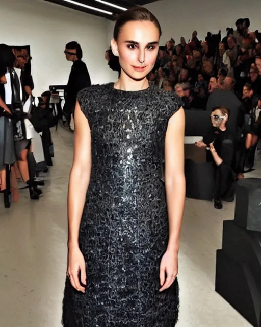 Prompt: young nathalie portman at the new york fashion week, wearing an outfit made from money, photo by greg rutkowski, soft lighting, female beauty, intricate detail, elegance, sharp shapes, masterpiece