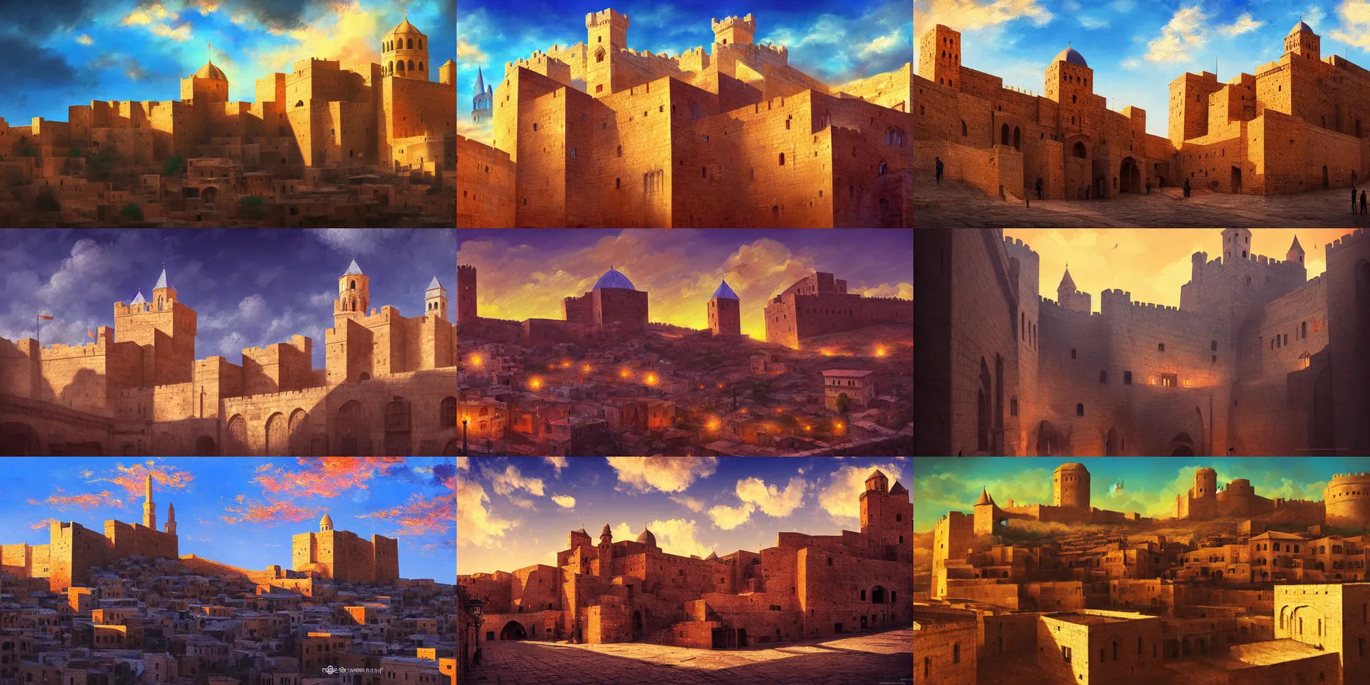 Prompt: mardin old town castle, digital oil painting, colorful, high contrast, clear sky, volumetric lighting, atmospheric, ghibli, deviantart, cgsociety, artstation, fujifilm