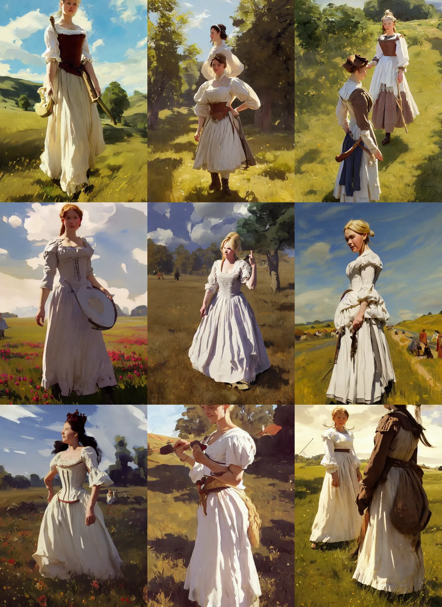 Image similar to finnish norway scandinavian attractive village maiden wearing 1 7 th century bodice walking in the field in a sunny day, jodhpurs greg manchess painting by sargent and leyendecker, studio ghibli, fantasy, medium shot, asymmetrical, intricate, elegant, matte painting, illustration, hearthstone, by greg rutkowski, by greg tocchini, by james gilleard