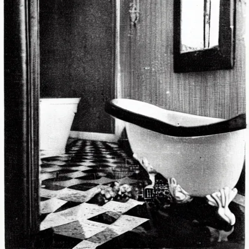 Prompt: old black and white newspaper photo of a broken mirror shattered on the ground in a lavish bathroom