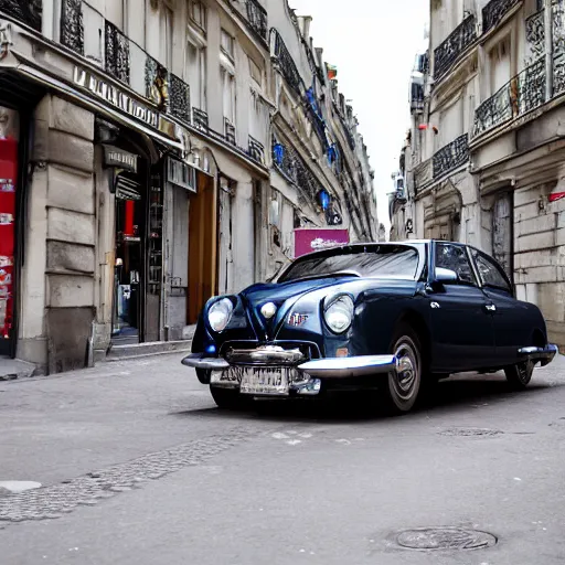 Prompt: a 1955 citreon ds car in a cyberpunk paris street with neons