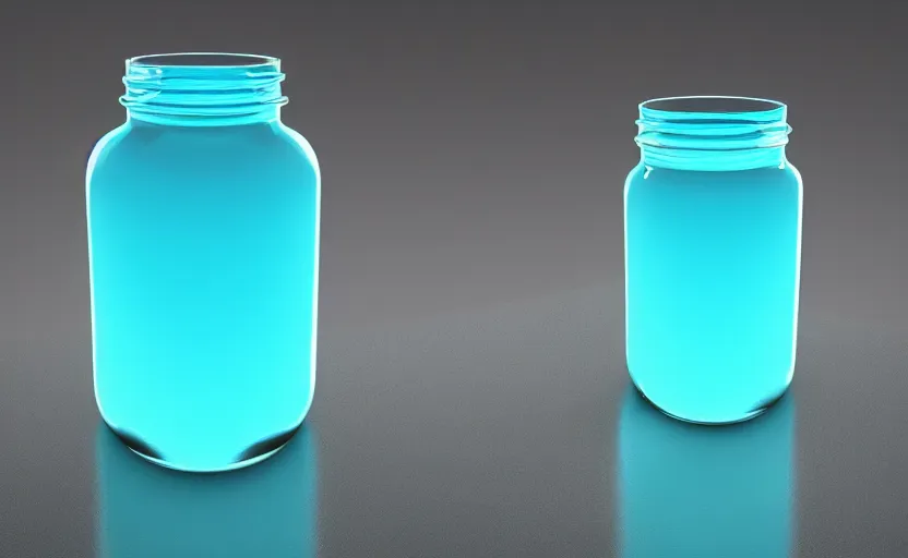 Image similar to a jar with bright cyan blue liquid in it, glowing, high detail, unreal engine