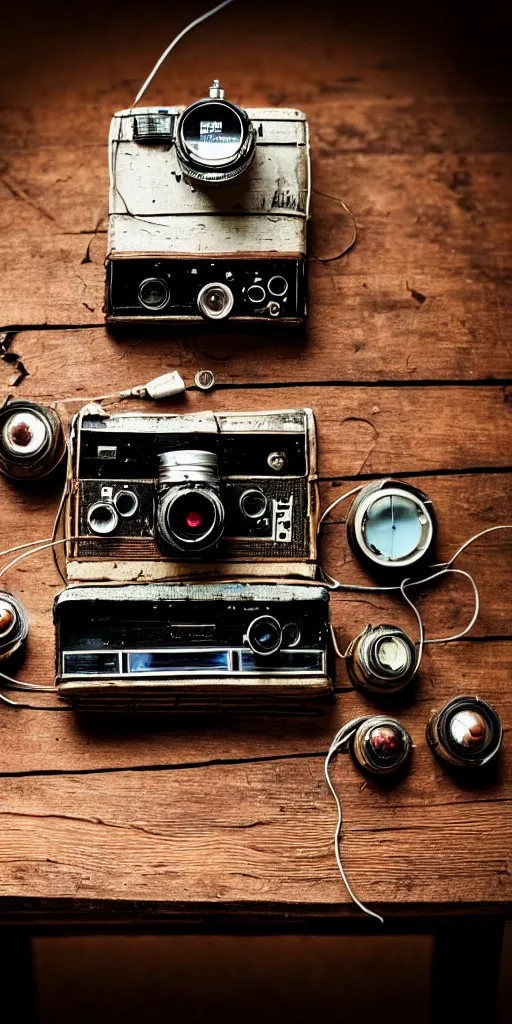 Image similar to A photo of a very old opened device with vacuum tubes, film, capacitors and coils inside, and a camera lens on the outside on an old wooden table by Annie Lebovitz, Laura Letinsky and Steve McCurry, grungy, weathered Ultra detailed, hyper realistic, 4k