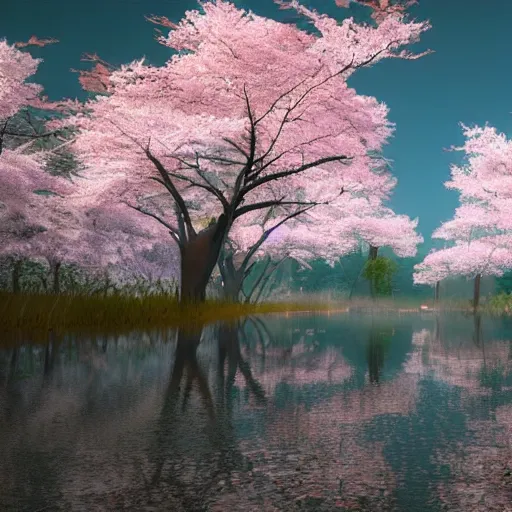 Prompt: A beautiful japanese landscape with sakura trees, apocalyptic style, Simon Stålenhag, 4k, ultrarealistic, octane render, volumetric lighting