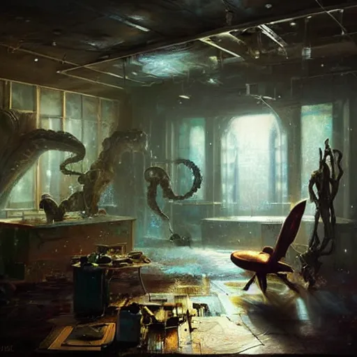 Image similar to an artist in his workshop discovering a strange alien otherworldly new form of matter, vivid caustics, realistic photography, beautiful interior, hyperrealism, incredible, award - winning photography, by greg rutkowski, lovecraftian