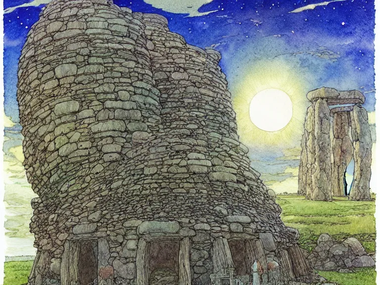 Prompt: hyperrealist studio ghibli watercolor fantasy concept art of an immense earthship solar home sitting on stonehenge like a stool. it is a misty starry night. by rebecca guay, michael kaluta, charles vess