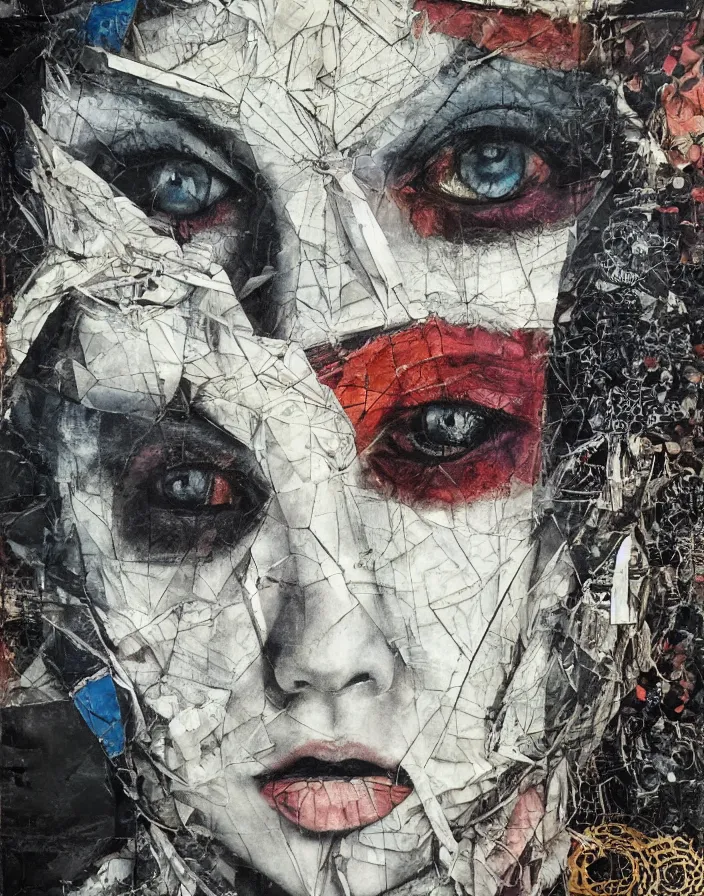 Prompt: occult contemptuous face of her detailed analogue mixed media collage with canvas texture in style of contemporary art, punk art, hyperrealistic beautiful face, photorealistic, expressionism, masterpiece, perfect composition, spectacular quality, intricate oil details, torn paper edges, glass