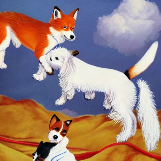 Image similar to 3 toy fox terriers flying a biplane, dog faces alert, beautiful painting, dappled fur pattern, style of tin tin