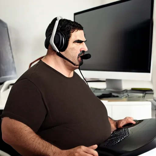 Image similar to obese Frank Zappa wearing a headset yelling at his monitor while playing WoW highly detailed wide angle lens 10:9 aspect ration award winning photography