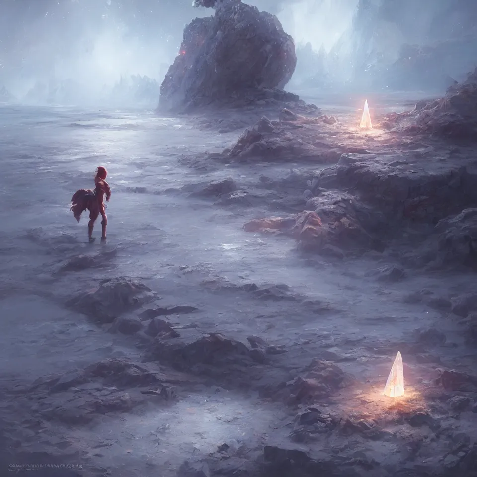 Image similar to a single crystal on ground, painted by greg rutkowski and raymond swanland, digital art, 8k