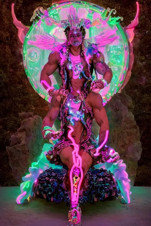 Image similar to photo of full-body rococo and cyberpunk delicate neon crystalline sculpture of ((handsome muscular onyx Aztec prince)) as an iridescent humanoid deity wearing ((peach plastic hooded cloak)) (holding an onyx skull) in a onyx aztec temple, reclining, glowing blue face, crown of (pink lasers), large blue diamonds, swirling black silk fabric. futuristic elements. oozing glowing liquid, full-length view. space robots. intricate artwork by caravaggio. Trending on artstation, octane render, cinematic lighting from the right, hyper realism, photorealistic, octane render, 8k, depth of field, 3D