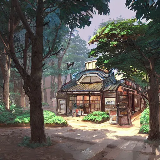 Image similar to concept art painting of a historic bakery with european and japanese architecture, in a woodland village surrounded by trees, realistic, detailed, cel shaded, in the style of makoto shinkai and greg rutkowski and james gurney