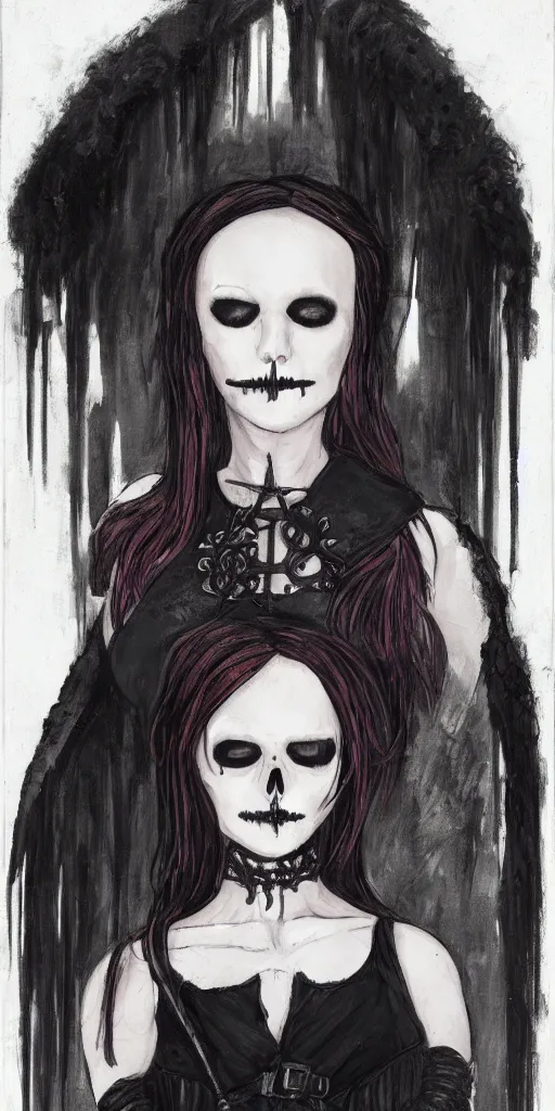 Image similar to A portrait of the character, Death, a young Goth girl wearing a black vest