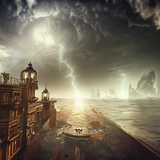 Prompt: a steampunk city in teh middle of the sea, with huge wave crashing, heavy storm, lens flare photo real, artstaion trends, cinematic render, Detailed, colorful