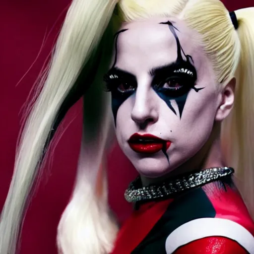 Image similar to Lady Gaga as real-life Harley Quinn, cinematic, Wide-shot, atmospheric lighting, directed by Martin Scorsese, extreme detail, 8K, movie still