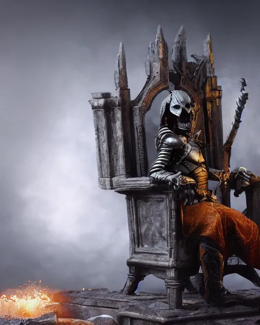 Image similar to closeup of skeletor sitting in a throne in a decayed castle, dramatic lighting, frank frazetta, rim lighting, octane, dark souls, craig mulins, octane, 8 k