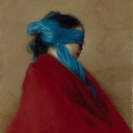 Prompt: a young woman’s face, her hair is white, her face is partially covered with a flowing blue satin blindfold, she is wrapped in windblown flowing red silk, by ivan aivazovsky and alma tadema and and willen claesz heda and aelbert cuyp and gerard ter borch