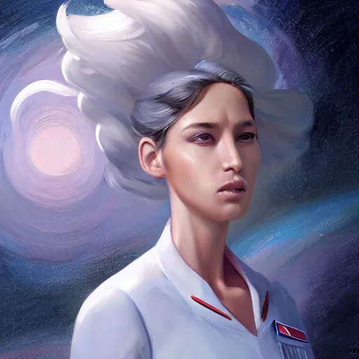 Prompt: epic portrait a space waitress with short sleeves and white uniform, long flowing hair, beauty, pretty face, glossy skin, glossy lips, fit, digital painting, artstation, concept art, soft light, hdri, smooth, sharp focus, illustration, fantasy, intricate, elegant, highly detailed, D&D, matte painting, in the style of Greg Rutkowski and Alphonse Mucha and artemisia, 8k, highly detailed, jurgens, rutkowski, bouguereau, pastoral, rustic, georgic