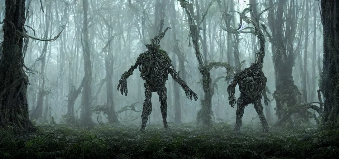 Image similar to a complex organic fractal 3 d metallic symbiotic ceramic humanoid megastructure creature in a swampy lush forest, foggy, cinematic shot, photo still from movie by denis villeneuve, wayne barlowe