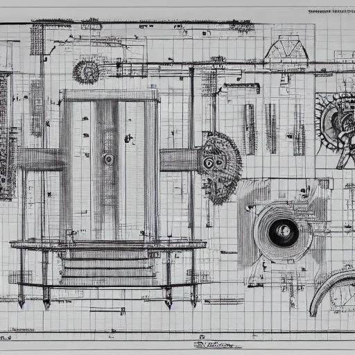 Image similar to very detailed blueprints of a working time machine