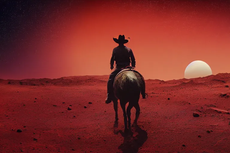 Image similar to Long shot of an old western cowboy riding a horse on mars looking at camera, distant background, red lighting, ominous, gloomy, moonlight, bokeh, depth of field, synthwave, psychedelic, glitch, acrylic, flooko, detailed, cybernetic, sci-fi, glows,