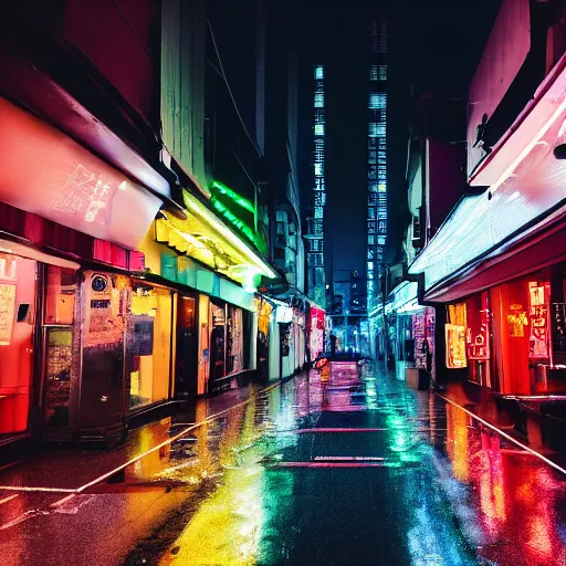 Prompt: Photo of a rainy night in a street in Seoul, storefronts are made out of neons, a cyberpunk woman is walking in the middle of the street, long shot, 4k