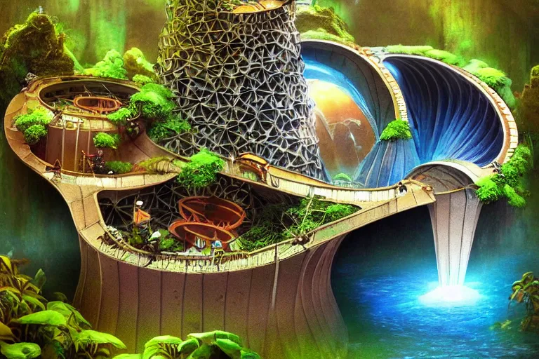 Prompt: favela bunker spaceship coaster hive, art nouveau waterfall environment, industrial factory, whimsical, award winning art, epic dreamlike fantasy landscape, ultra realistic,