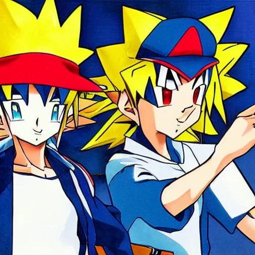 Image similar to ash ketchum dueling yugi moto, anime, highly detailed