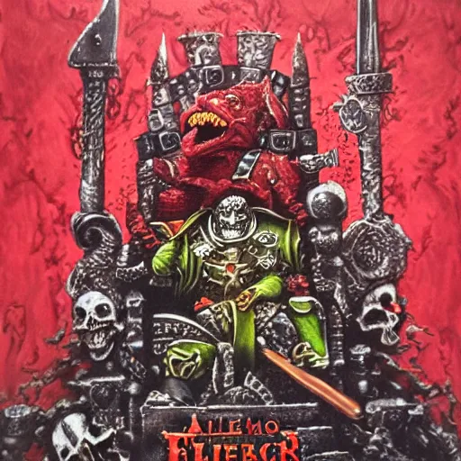 Prompt: Warhammer fantasy painting of Elmo sitting on the Skull Throne surrounded by a lake of blood.