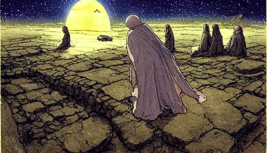 Image similar to a realistic and atmospheric watercolour fantasy concept art of a golden ufo landing in stonehenge. a giant medieval monk in grey robes on his knees praying. a sliver of moon in the sky. muted colors. by rebecca guay, michael kaluta, charles vess and jean moebius giraud