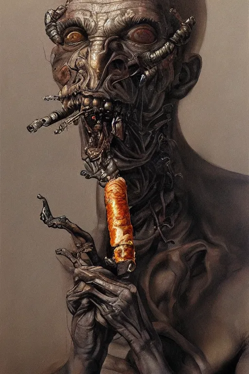 Prompt: beautiful oil clean painting biomechanical portrait a demon smoking cigar by wayne barlowe, rembrandt, complex, stunning, realistic skin color, 4 k, high res, awardwinning, masterpiece, realistic lighting