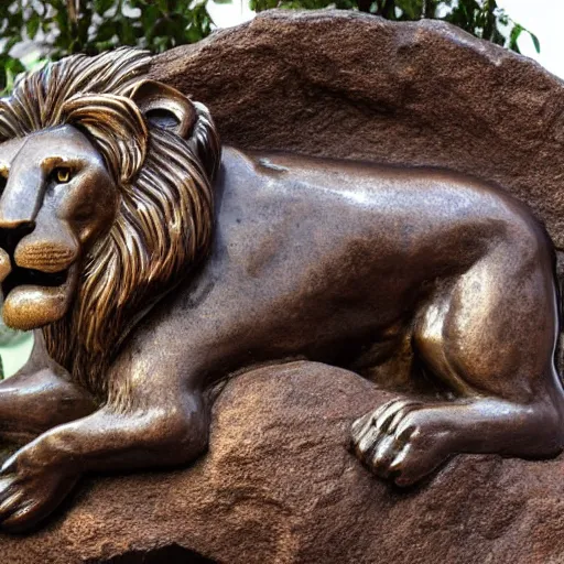 Prompt: bronze sculpture of a lion standing on a rock