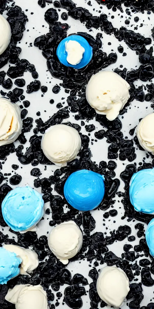 Prompt: vanilla ice cream, blue slime and obsidian conglomerate, museum sculpture, 4k, 33mm, award winning photograph