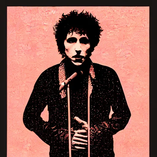 Prompt: a portrait of bob dylan photoshop halftone highlights | chromatic risograph print