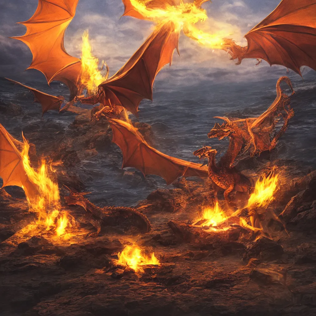 Prompt: a campfire, a dragon flying at background, dragon\'s eyes shining red/yellow seen by far at sky, people talking with each other, sun setting, and sea waves is slow