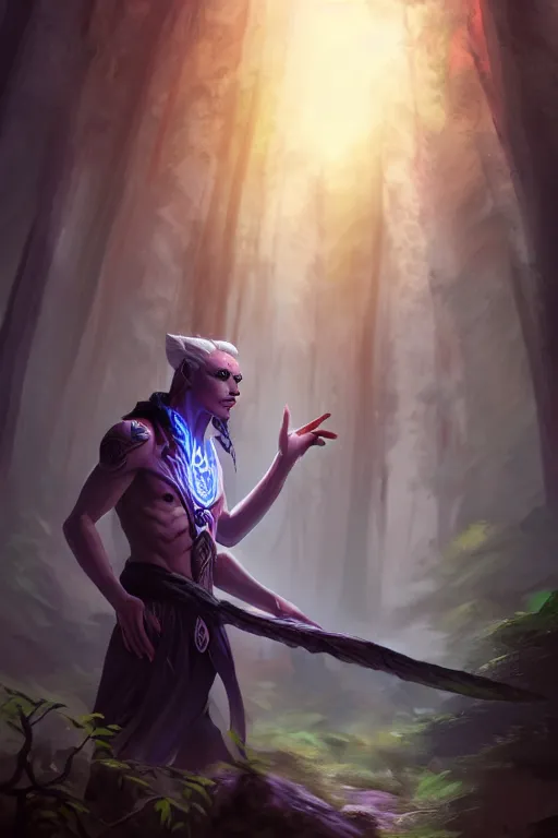 Image similar to a human elemental sorcerer, forest setting, colorful magic, male, white skin, young, sharp focus, concept art, dynamic lighting, unreal engine, by jeff chen