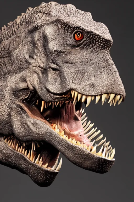 Prompt: A Tyrannosaurus Rex looking menacingly at the camera with studio lighting