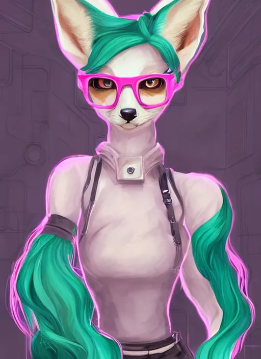 Prompt: beautiful portrait commission of a cute female pink furry anthro fennec fox fursona casual clothes in a futuristic mechanical laboratory. green hair. character design by charlie bowater, ross tran, artgerm, and makoto shinkai, detailed, inked, western comic book art