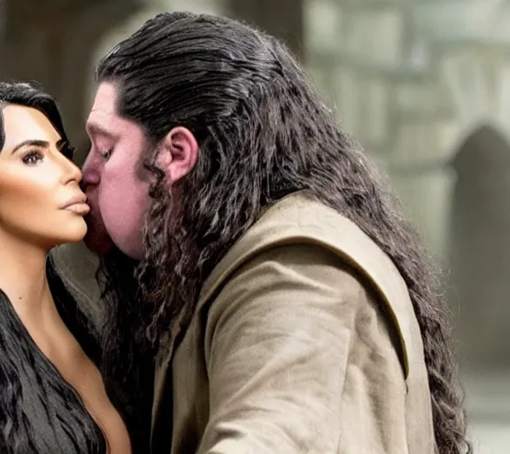 Prompt: a movie still of kim kardashian kissing hagrid in the movie harry potter