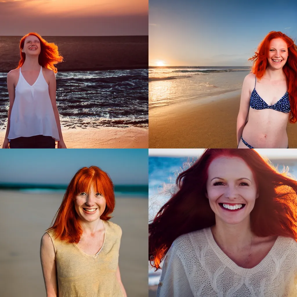 Prompt: a symmetrical redhaired woman smiling on the beach, beautiful, golden hour
