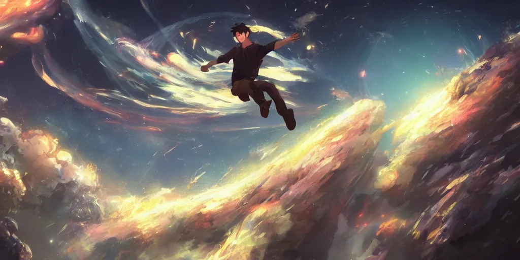 Prompt: concept art painting of a man falling eternally in the universe, realistic, detailed, cel shaded, in the style of makoto shinkai and greg rutkowski and james gurney