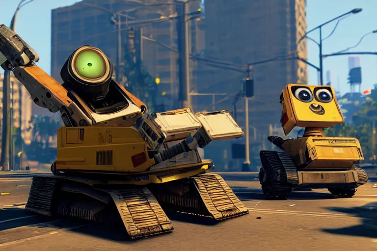 Image similar to wall - e in grand theft auto 5, heavy detailed, ultra high definition quality, gta 5 game engine graphics