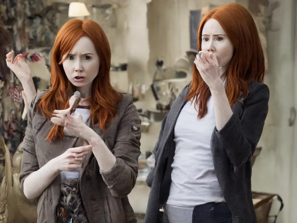 Image similar to realistic tabloid photo of Karen Gillan trying to explain she's not Unbreakable Kimmy Schmidt