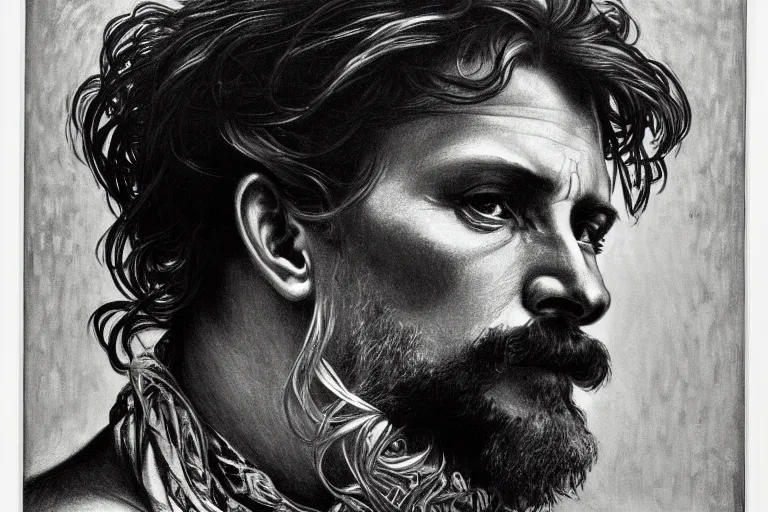 Prompt: painted closeup portrait of intense man, masculine, fierce, charming, fantasy, intricate, elegant, extremely detailed by alphonse mucha by chuck close, charcoal on canvas