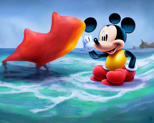 Image similar to Mickey mouse sitting next to terrifying sea creatures on a creepy beach, digital art, by Daniel Conway, super detailed, artstation