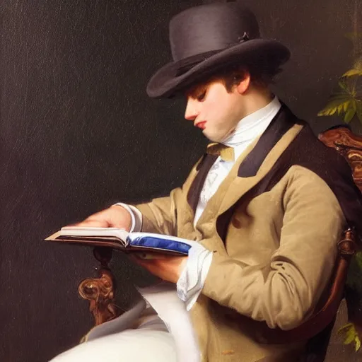 Prompt: Highly detailed oil painting of a cat wearing as gentleman reading a book, 19th century oil on canvas, by Franz Xaver Winterhalter, 8k