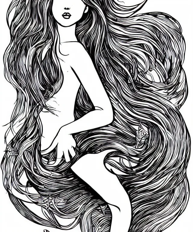 Prompt: black and white illustration, creative design, beautiful mermaid, full body, flowing hair