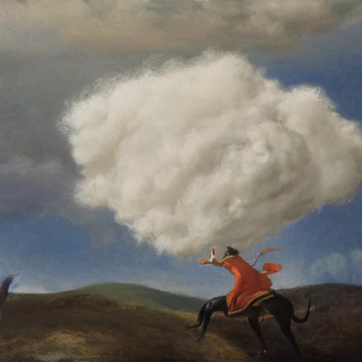 Prompt: piet paulusma riding a cloud, laughing