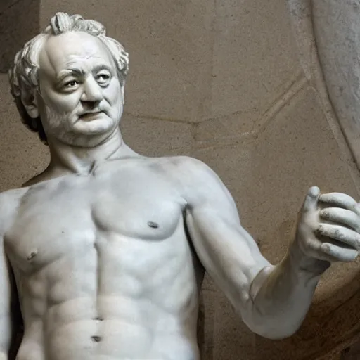 Image similar to bill murray as a marmor statue by michelangelo, church background